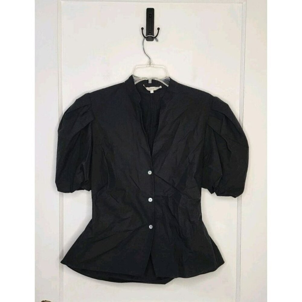 Vince 100% Cotton Black Short Puff Sleeve Open Back Blouse Sz 8